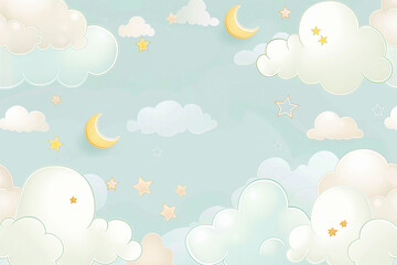 A cute, whimsical wallpaper featuring simple cartoon-style clouds, stars, and moons. The clouds are fluffy and rounded, with soft outlines in pastel shades of white and light gray