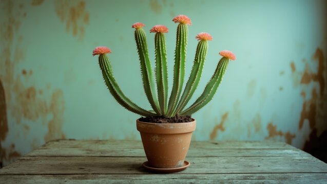 Cereus Peruvianus Var Monstrosus Potted Cactus with Pink Blooms Against Vintage Background Ideal for Nature and Gardening Themes