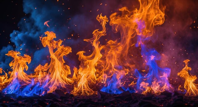 Vibrant abstract flames with blue and orange hues against a dark background creating a dynamic and energetic visual effect.