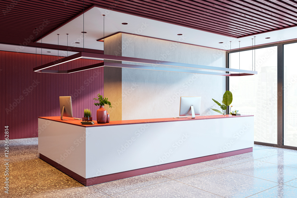 Poster modern reception desk in a luxury office lobby with a city view. 3d rendering