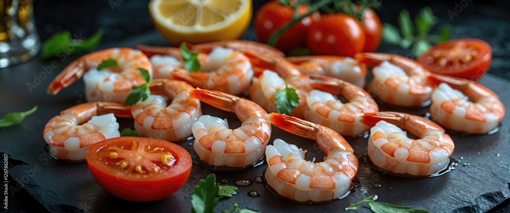 Poster boiled shrimps with lemon and tomatoes on slate board perfectly styled for an appetizing beer pairin