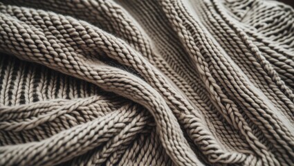 Knitted woolen sweater texture showcasing sustainable fashion in a close-up view highlighting intricate craft and natural fibers.