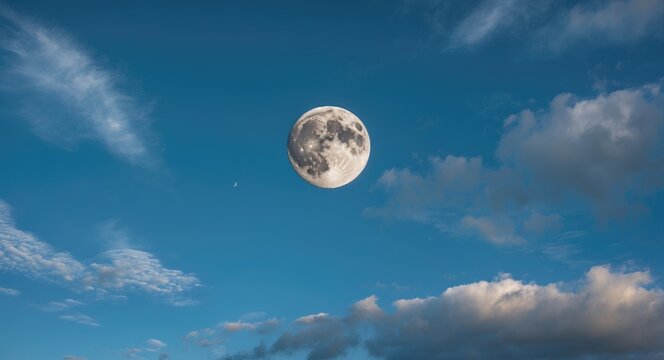 Serene Blue Sky Featuring a Half Moon Amidst Wispy Clouds for Tranquil Nature Imagery