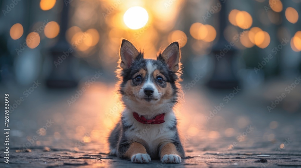 Poster Cute puppy posing in urban setting with blurred lights creating a warm and charming evening atmosphere. Perfect for pet-related themes.
