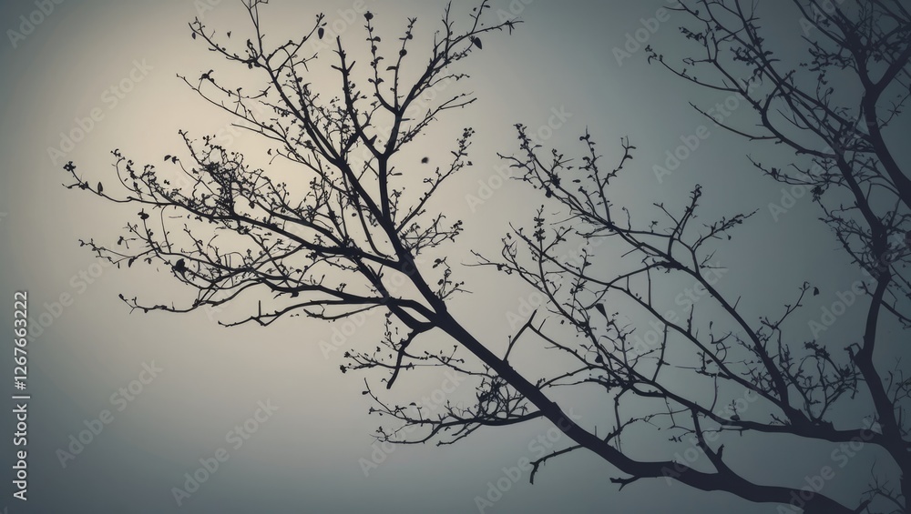 Poster moody silhouette of a bare tree branch against a soft light background conveying solitude and tranqu