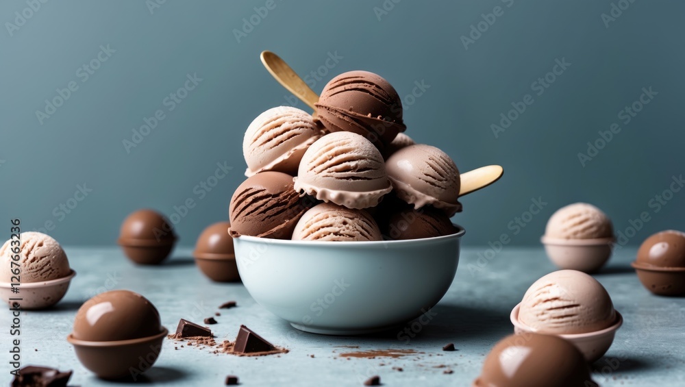 Poster chocolate ice cream scoops stacked in a bowl with scattered treats on a textured surface against a m