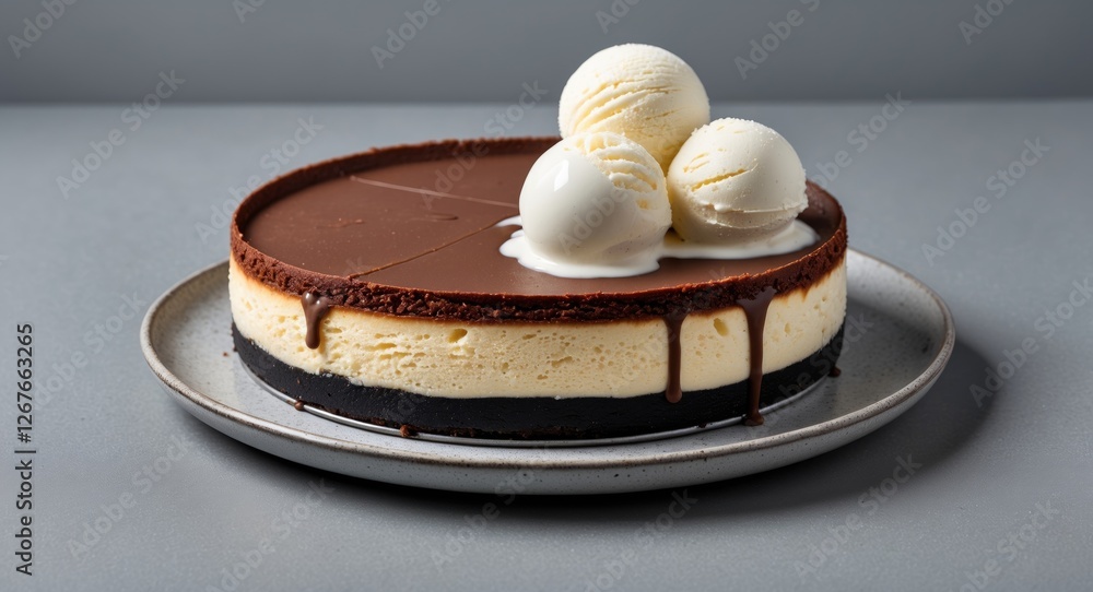 Poster chocolate cheesecake topped with vanilla ice cream served on a plate against a gray background with 