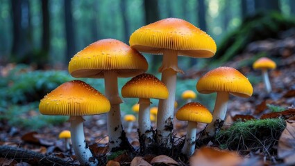 Fototapeta premium Vibrant Yellow Mushrooms Growing Amongst Lush Green Forest Underbrush in a Serene Natural Setting