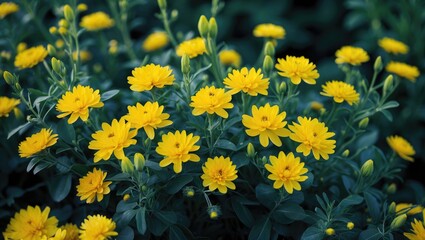 Fototapeta premium Vibrant Yellow Flowers Surrounded by Lush Green Leaves in a Serene Natural Landscape