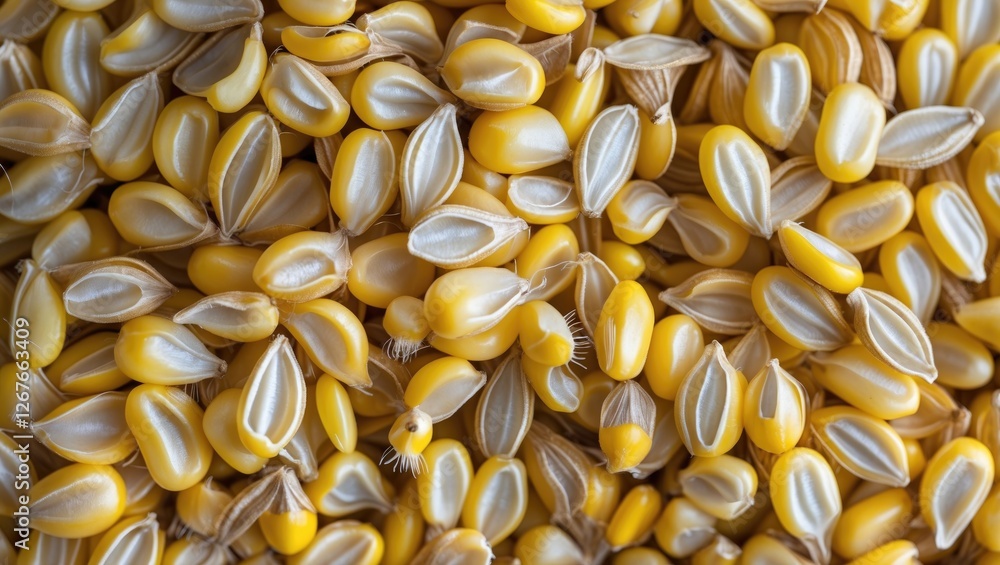 Poster close up of vibrant yellow corn seeds creating a textured background with ample space for overlaying