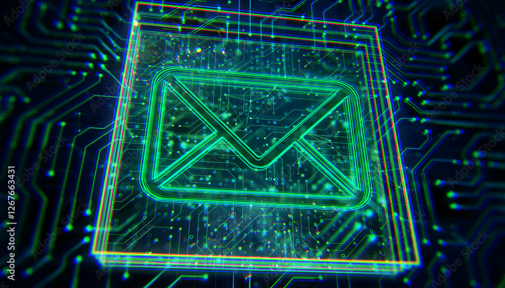 Leinwandbilder Neon email icon with glowing circuit texture on digital backdrop. 3D Rendering