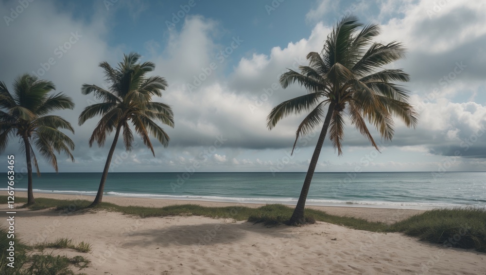 Poster serene beach view featuring palm trees under cloudy skies with a glimpse of sunshine and tranquil oc
