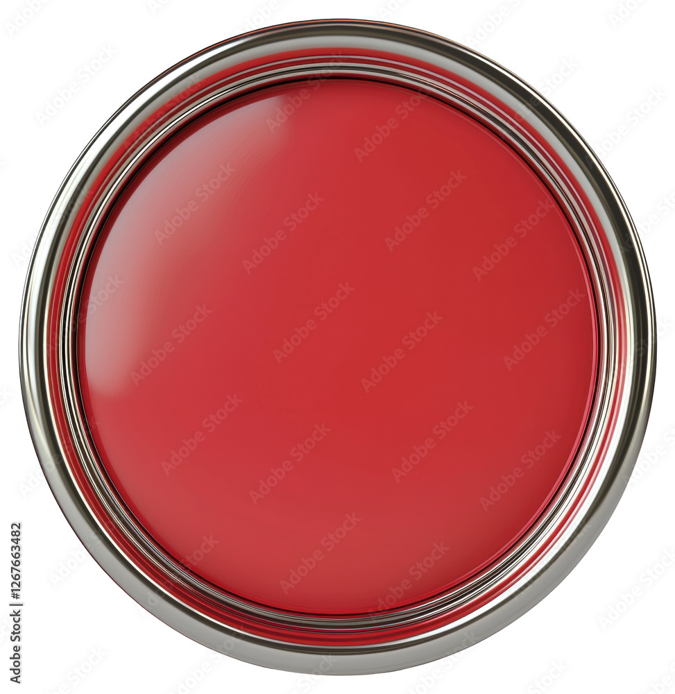 Poster 3d rendering of a shiny red circular button with metallic border on transparent backdrop