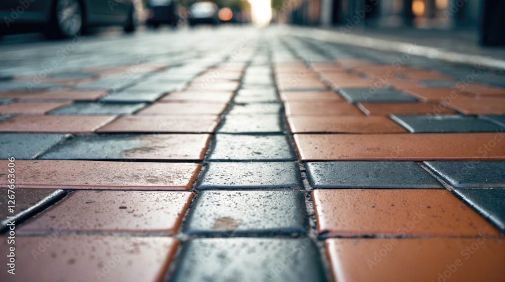 Poster close-up view of wet colorful street floor tiles creating a vibrant urban background with reflection