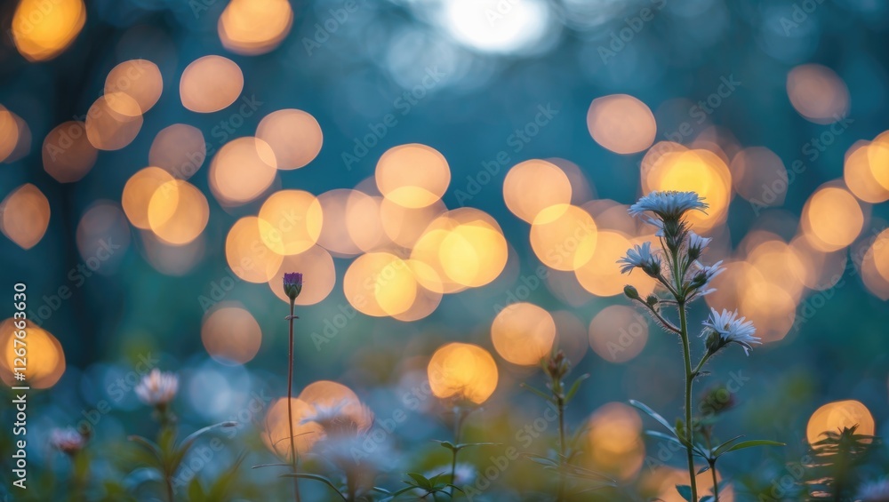 Poster soft bokeh lights with flowers in nature creating a dreamlike atmosphere
