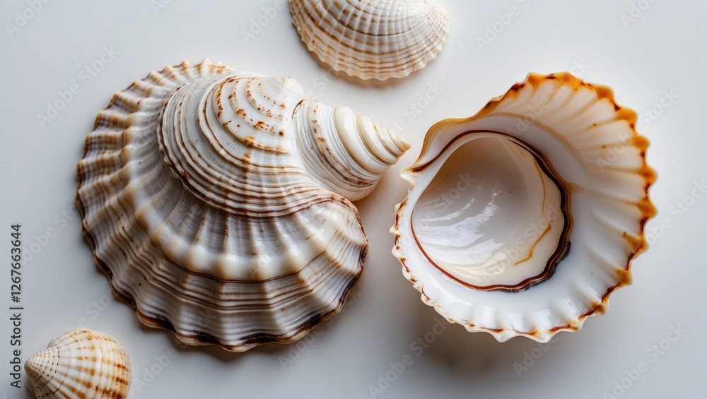 Poster close-up view of beautiful sea mollusk shells on white background showcasing intricate patterns and 