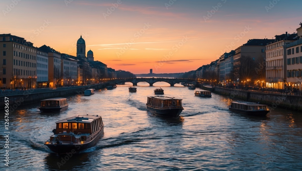 Poster scenic evening view of boats on a river with soft sunset glow and ample space for text overlay