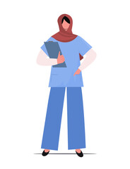 Young Muslim woman in hijab and medical uniform on white background. Portrait of a nurse holding a clipboard for patients stories in hands. Vector illustration Not AI generated