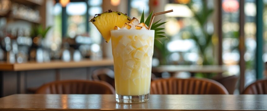 Refreshing Pina Colada Cocktail Served In A Modern Cafe With Pineapple Garnish And Space For Creative Text Overlay