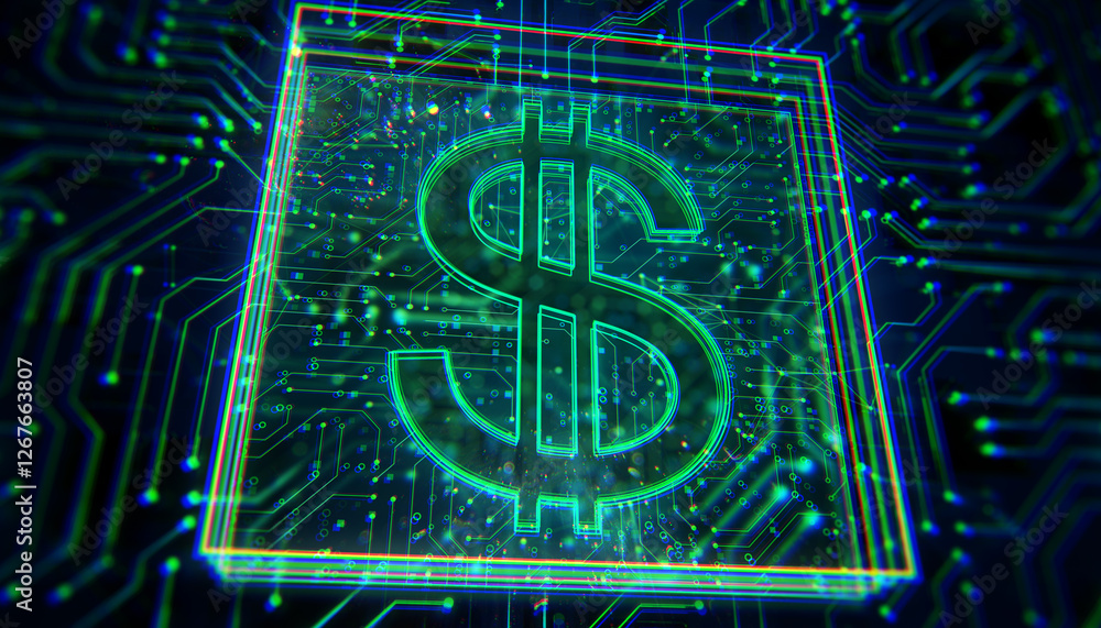 Poster glowing digital dollar symbol on a futuristic circuit board background. 3d rendering