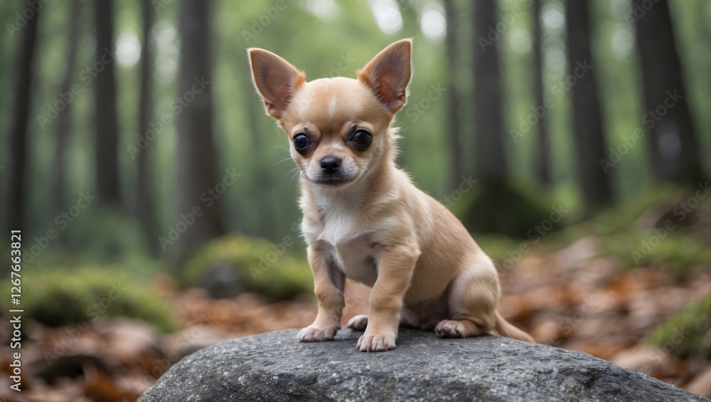 Poster charming chihuahua puppy sitting on a rock in a serene forest setting with natural background and am