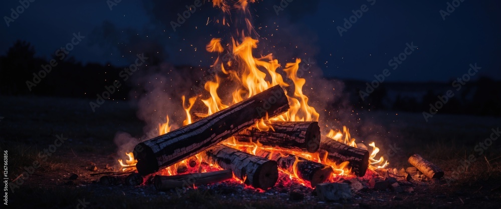Aufkleber nighttime bonfire with vibrant flames and empty space for text or graphics on a dark background