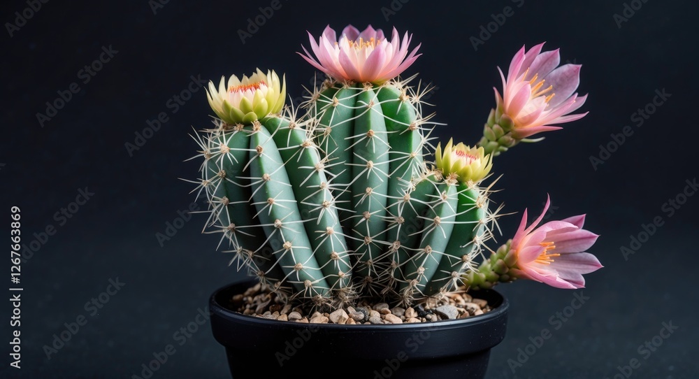 Poster astrophytum cactus with vibrant flowers in black pot on dark background featuring blank space for co