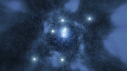 Obraz premium Abstract flying in the universe with light and clouds illustration.