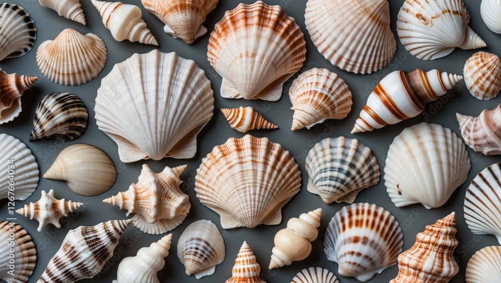 Poster assorted seashells displayed on a gray background showcasing intricate patterns and textures for coa