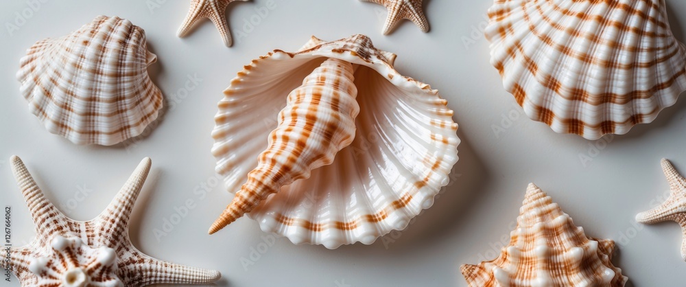 Poster close-up of assorted seashells and starfish on white surface ideal for beach or coastal themed proje