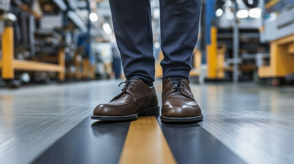 A man wearing brown shoes stands on a yellow line