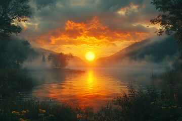 Fototapeta premium Serene Dawn, Golden Sunlight Embraces Misty Lake Amidst Lush Landscapes