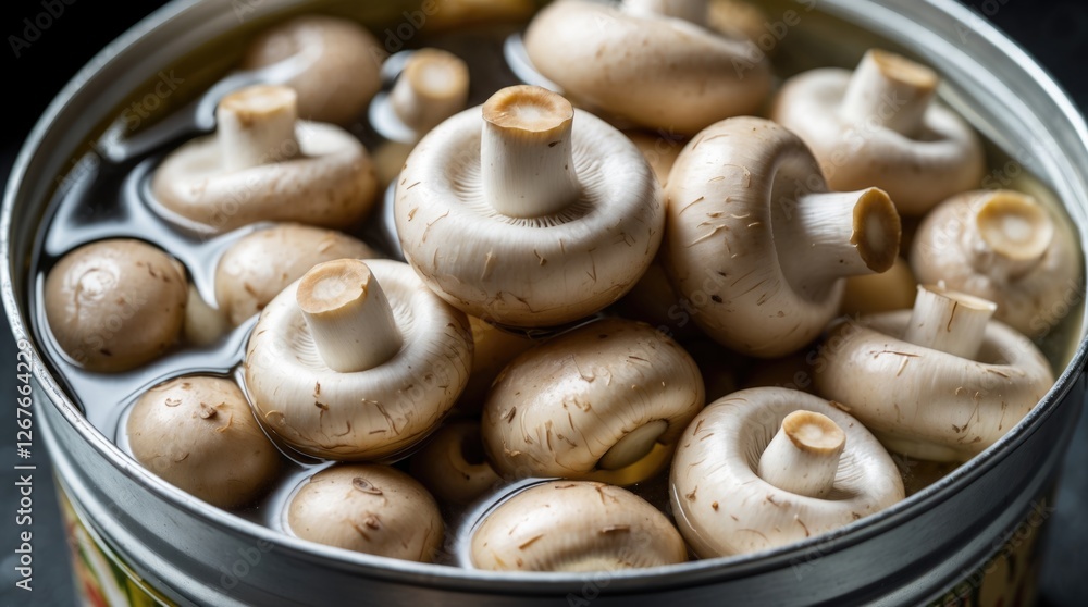 Poster whole canned champignon mushrooms in brine arranged in a metal tin creating a fresh and appetizing f
