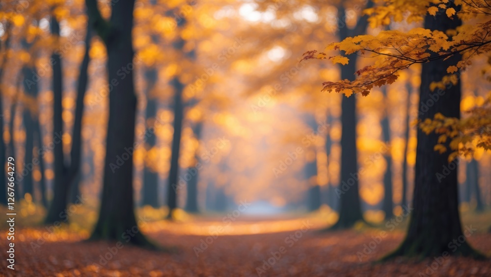 Poster autumn forest path with blurred background showcasing warm orange and yellow foliage creating a tran