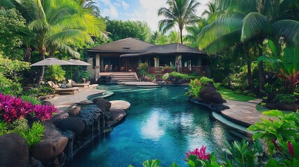 A serene pool features a cascading waterfall, complemented by an elegant gazebo in the backdrop, creating a tranquil outdoor oasis.