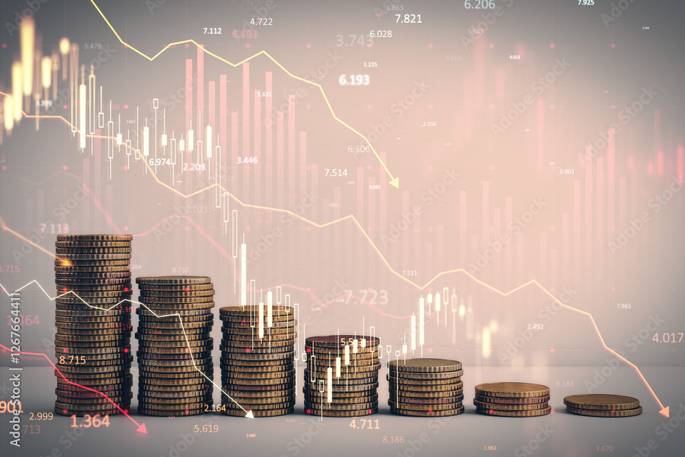 Aufkleber Stacks of coins decreasing in height with downward stock market graph overlay. 3D Rendering