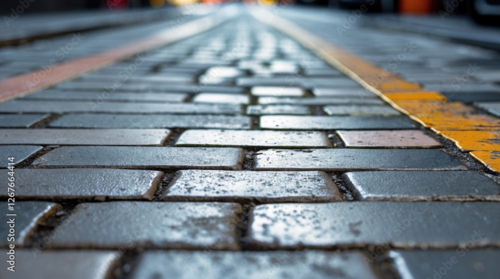 Poster close up view of street floor tiles with water reflections and yellow line creating a vibrant urban 