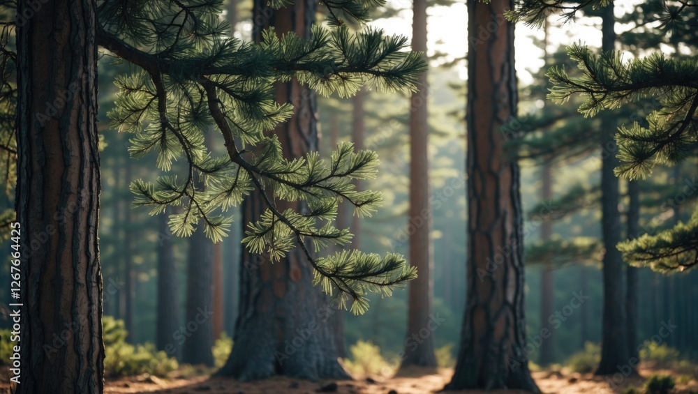 Poster morning light filtering through pine branches in a serene forest with tall trees creating a tranquil