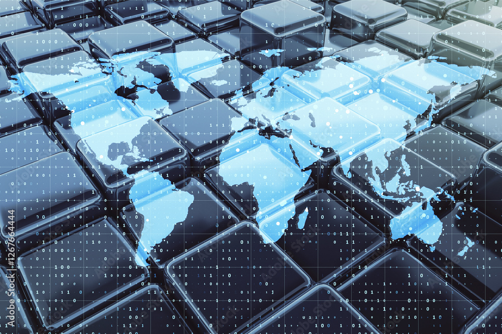 Poster Digital world map over glossy keyboard blocks with binary code. 3D Rendering