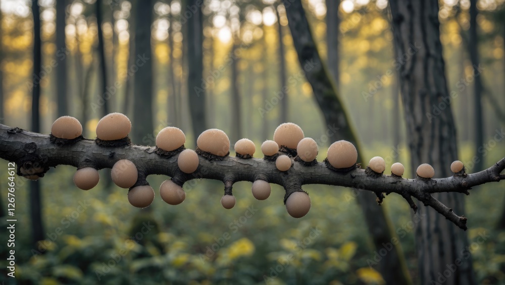 Aufkleber mushrooms growing in clusters on a branch in a tranquil latvian forest during a serene golden hour.