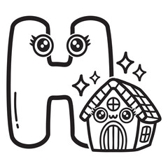 Learning card alphabet. Letter H. Cute cartoon illustrations. Coloring page