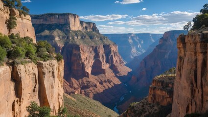 Majestic canyon landscape with cliffs, vibrant blue sky, distant mountains, and lush green vegetation creating a stunning natural panorama.