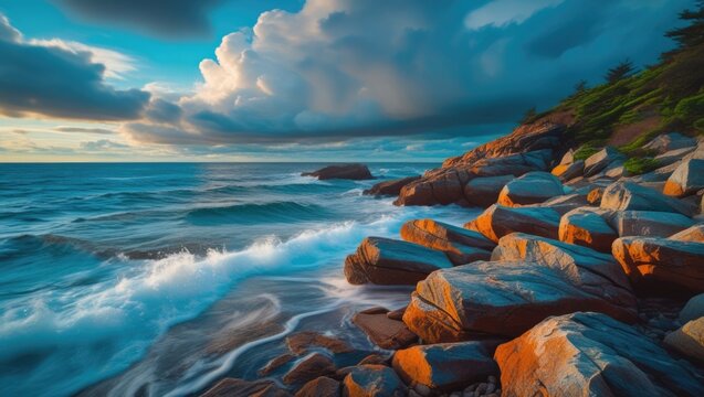 Majestic rocky coastline at sunset with dramatic clouds and gentle ocean waves captured in a long exposure photograph.