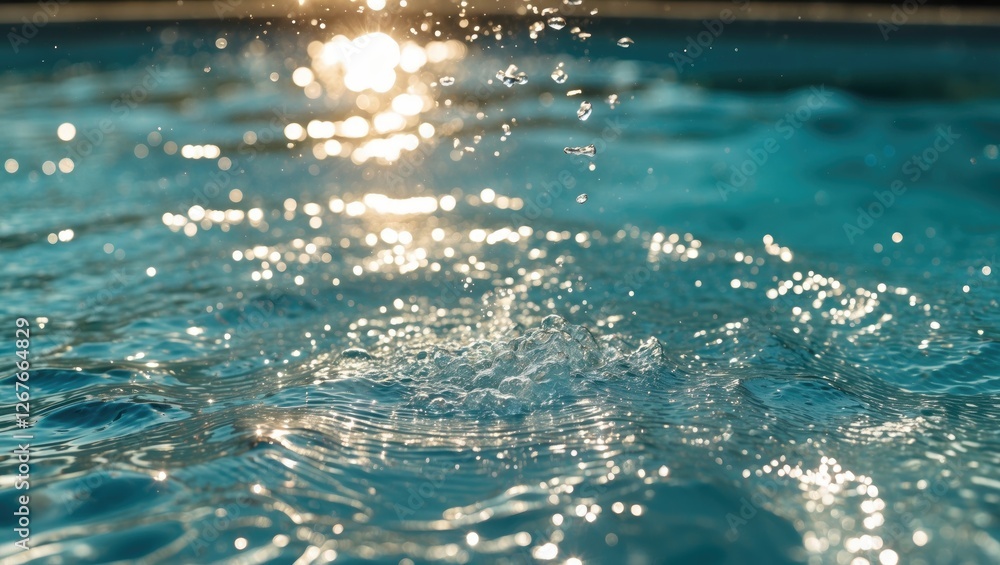 Aufkleber sparkling pool water texture with sunlight reflections and droplets creating a calm, refreshing atmo
