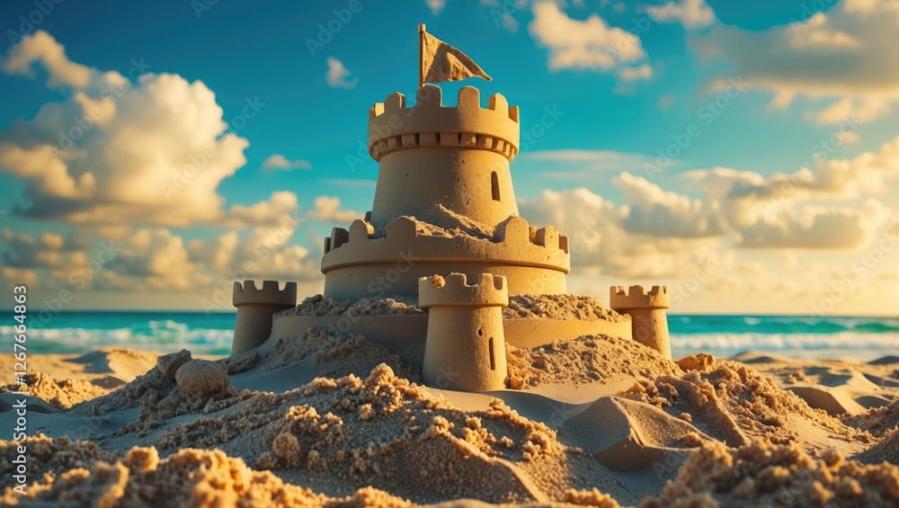 Poster sandcastle on a beach with waves and clouds in the background showcasing a joyful vacation atmospher