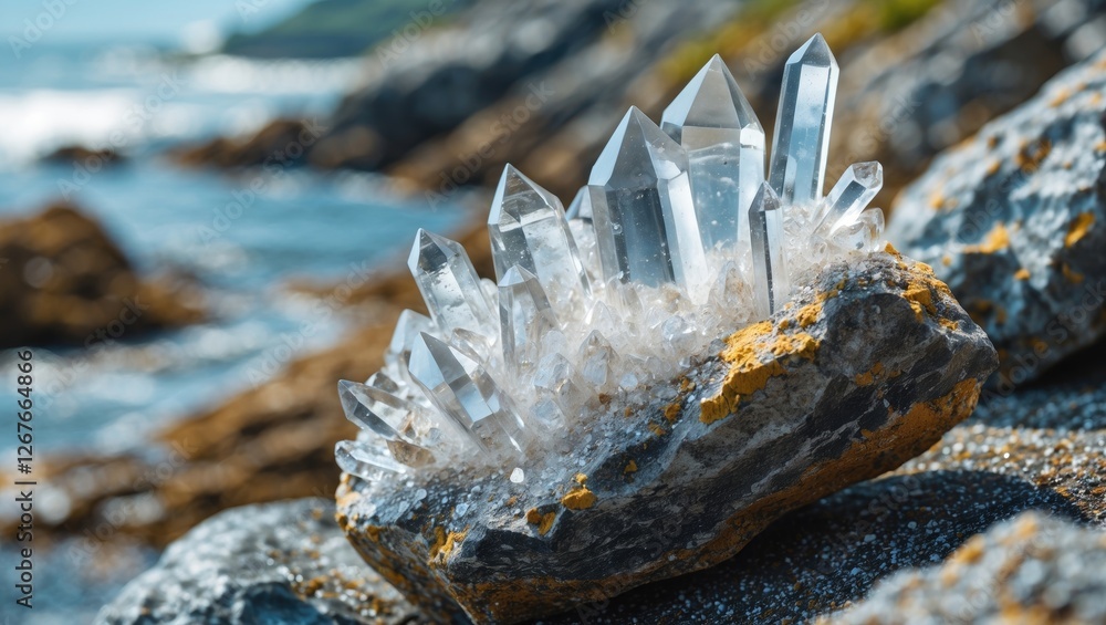 Poster close up of coastal rock with clear quartz crystals displayed in natural seaside setting reflecting 