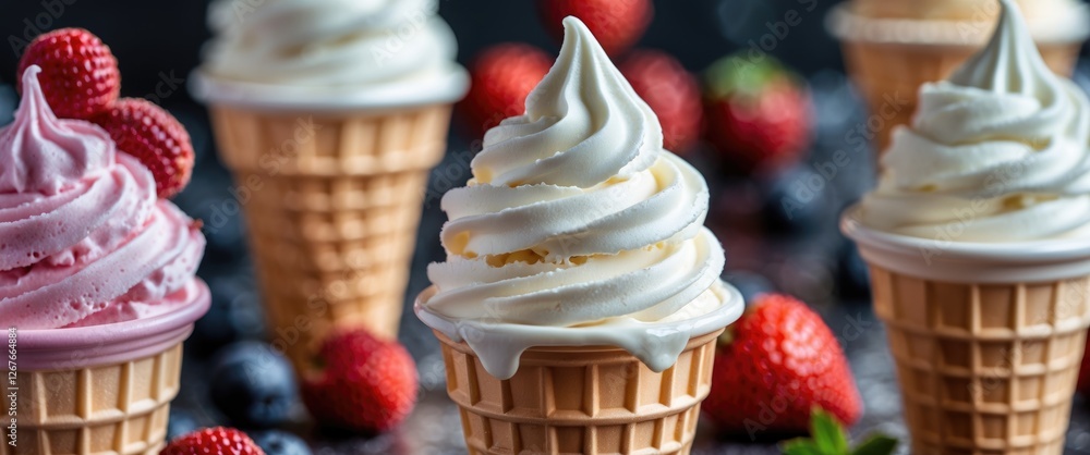 Poster ice cream cones displayed on dark background with fresh berries and empty space for text promotion o