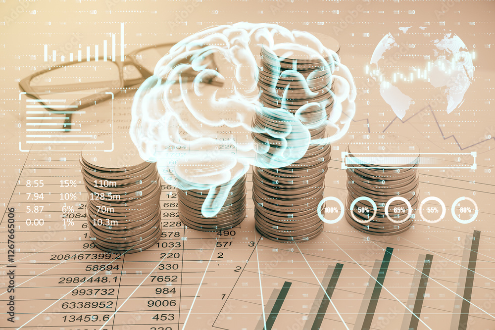 Poster Futuristic concept of artificial intelligence in finance with glowing brain over stacked coins.