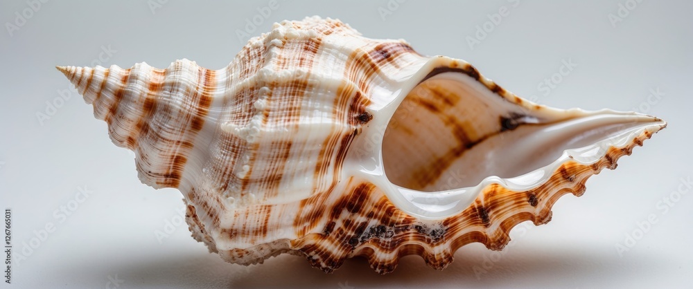 Poster detailed close-up of a beautiful ocean shell with striking patterns set against a clean white backgr