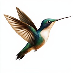 Naklejka premium A vibrant hummingbird gracefully flying in clear blue skies against a bright and beautiful background